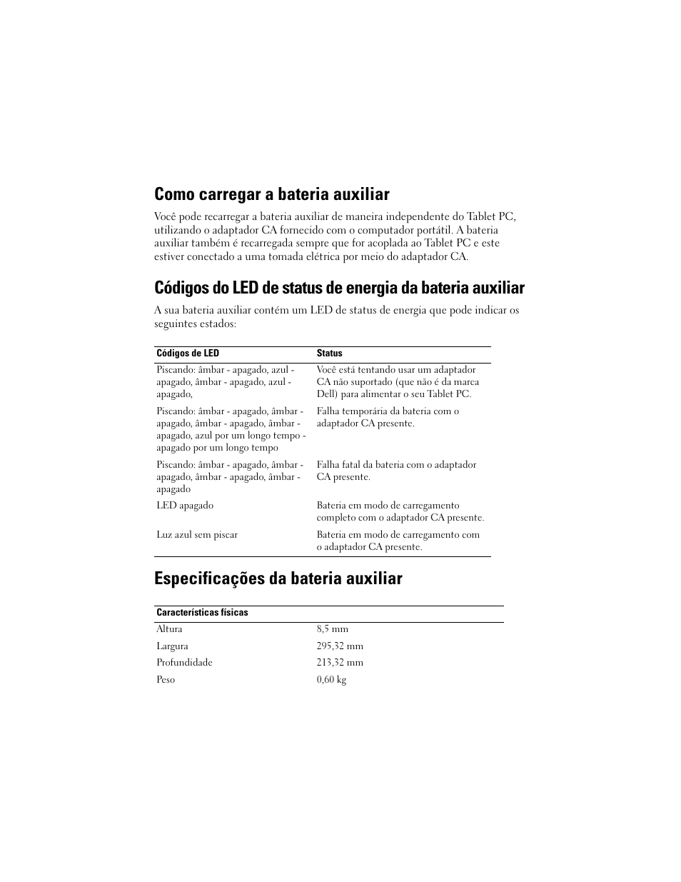 Como carregar a bateria auxiliar, Especificações da bateria auxiliar | Dell Latitude XT2 (Early 2009) User Manual | Page 20 / 30