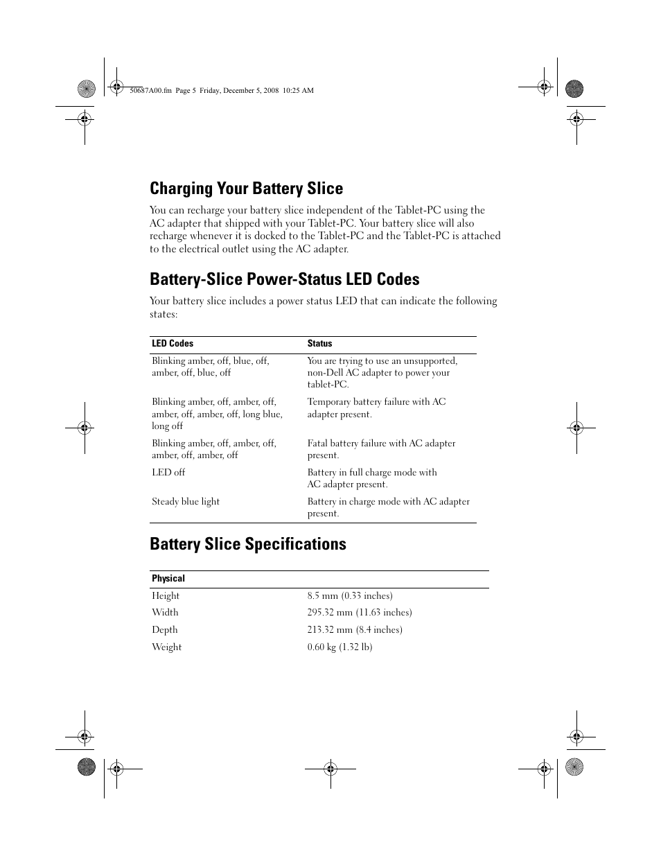 Charging your battery slice, Battery-slice power-status led codes, Battery slice specifications | Dell Latitude XT2 (Early 2009) User Manual | Page 5 / 30