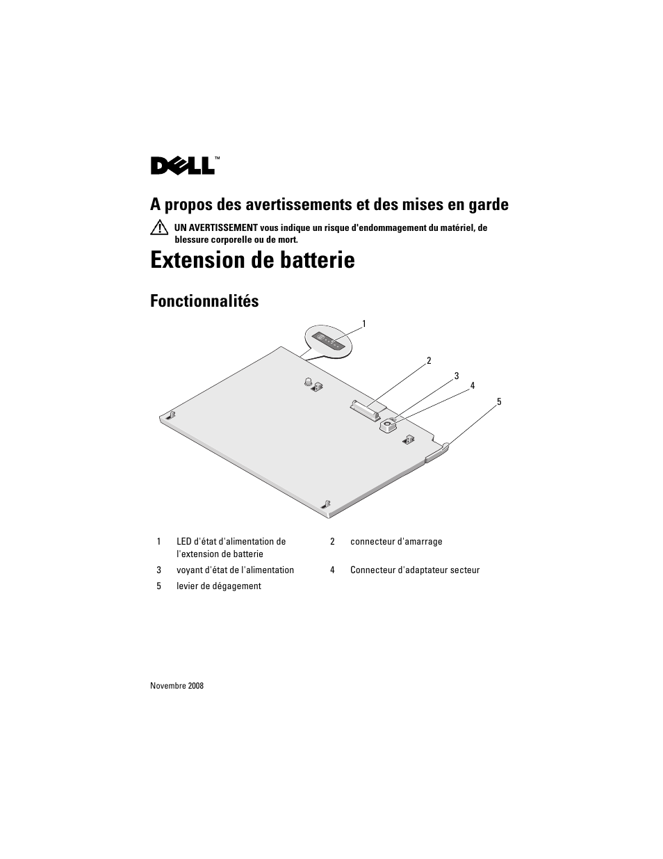 Extension de batterie, A propos des avertissements et des mises en garde, Fonctionnalités | Dell Latitude XT2 (Early 2009) User Manual | Page 7 / 30