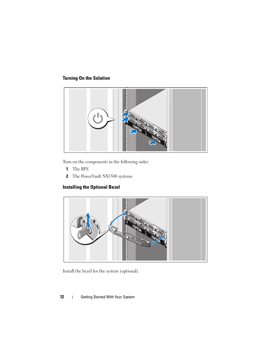 Turning on the solution, Installing the optional bezel | Dell PowerVault NX3500 User Manual | Page 14 / 86
