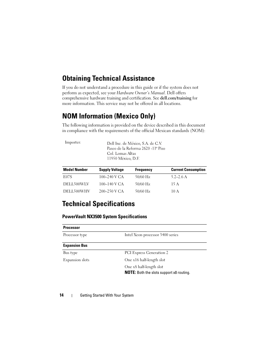 Obtaining technical assistance, Nom information (mexico only), Technical specifications | Powervault nx3500 system specifications | Dell PowerVault NX3500 User Manual | Page 16 / 86