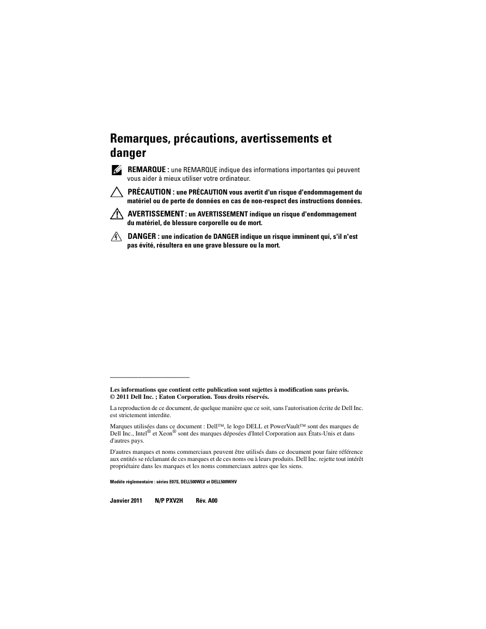 Remarques, précautions, avertissements et danger | Dell PowerVault NX3500 User Manual | Page 24 / 86