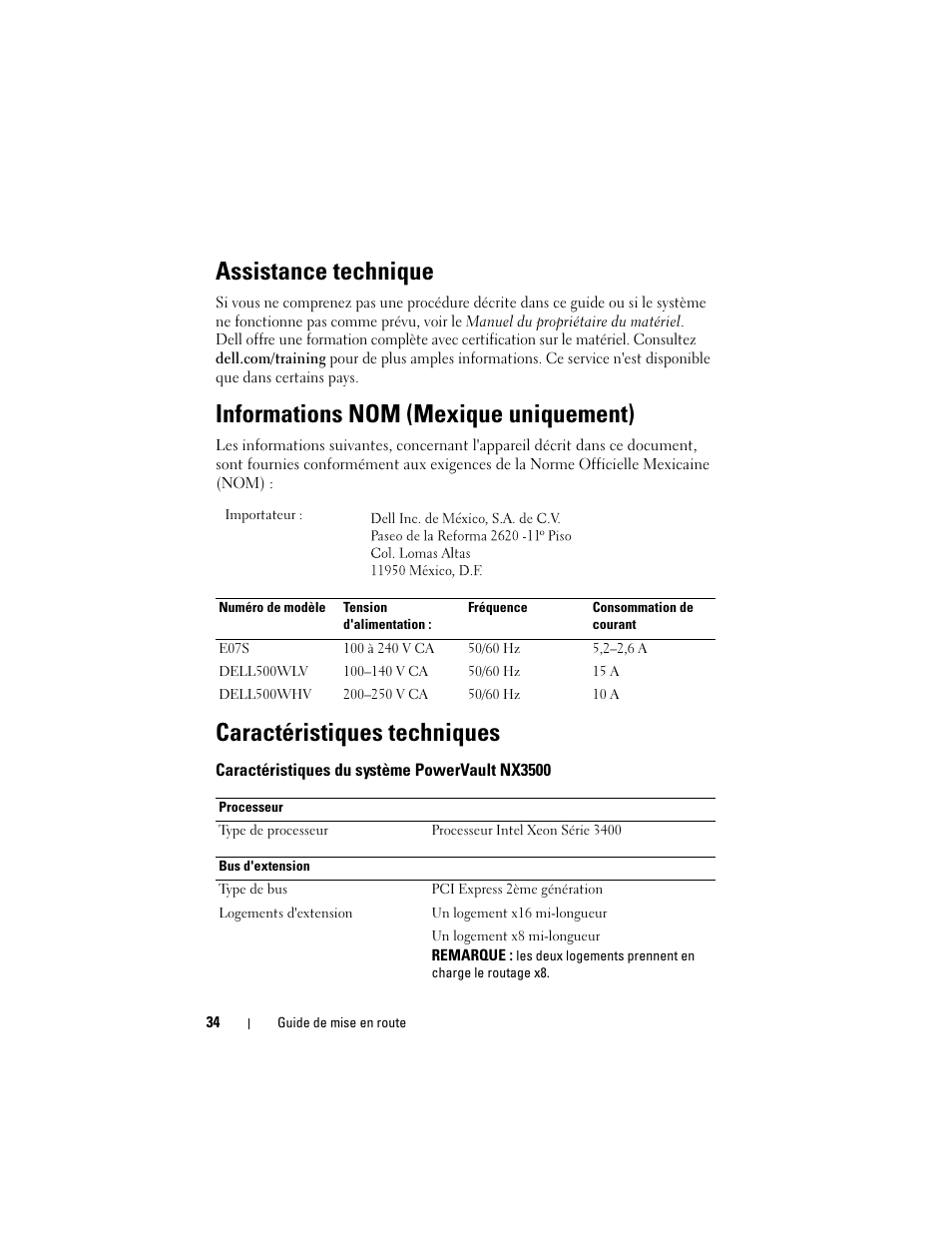 Assistance technique, Informations nom (mexique uniquement), Caractéristiques techniques | Caractéristiques du système powervault nx3500 | Dell PowerVault NX3500 User Manual | Page 36 / 86