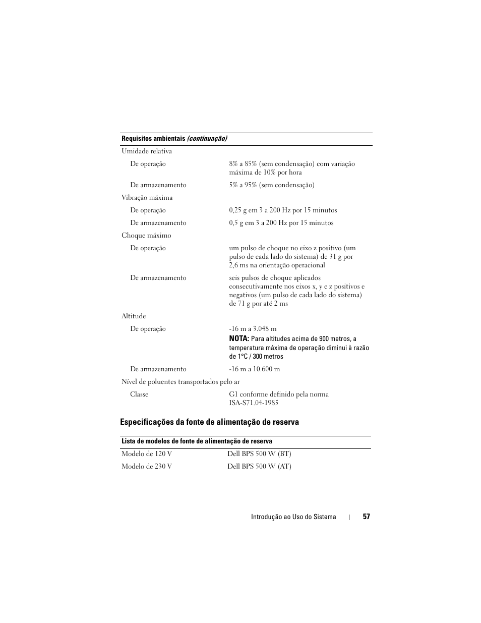 Especificações da fonte de alimentação de reserva | Dell PowerVault NX3500 User Manual | Page 59 / 86