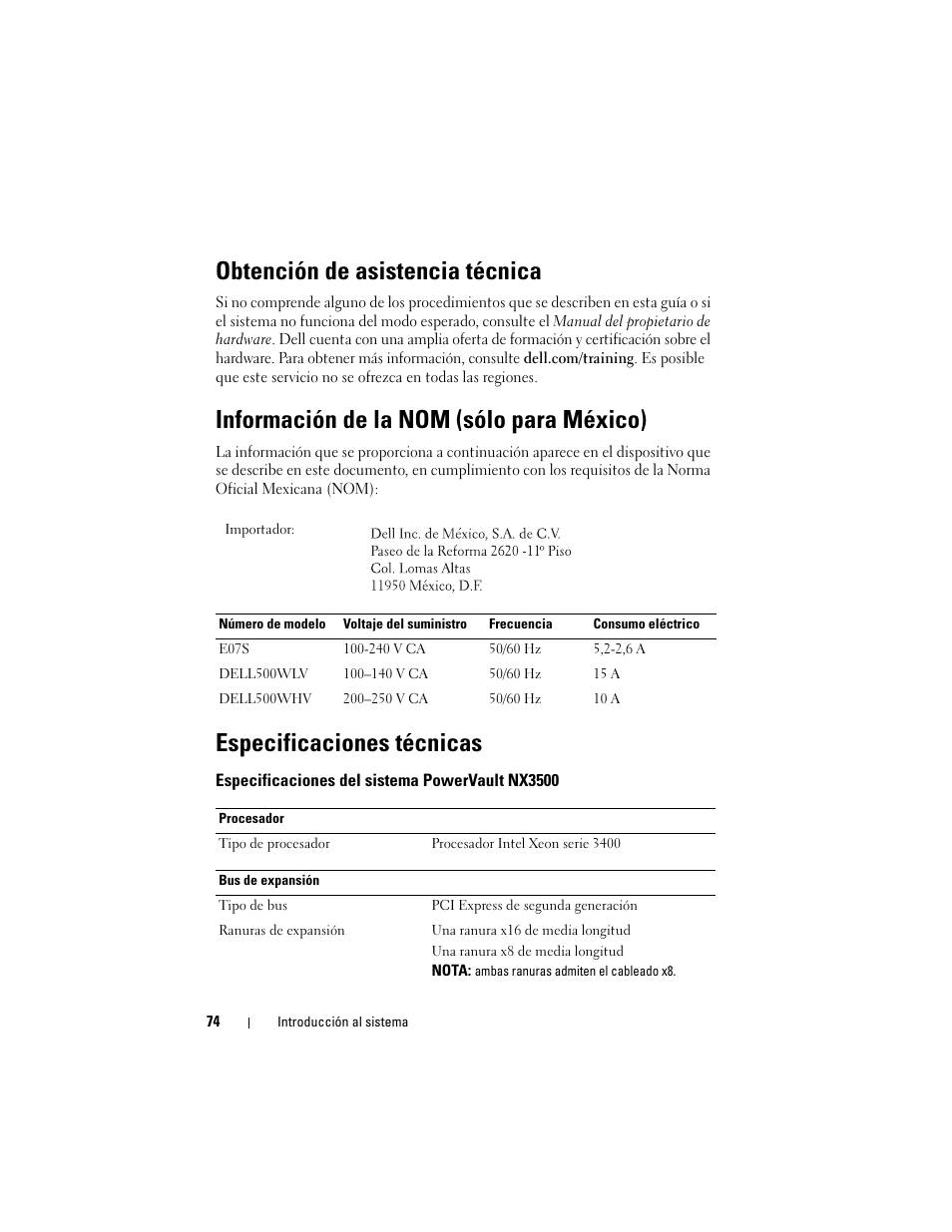 Obtención de asistencia técnica, Información de la nom (sólo para méxico), Especificaciones técnicas | Especificaciones del sistema powervault nx3500 | Dell PowerVault NX3500 User Manual | Page 76 / 86