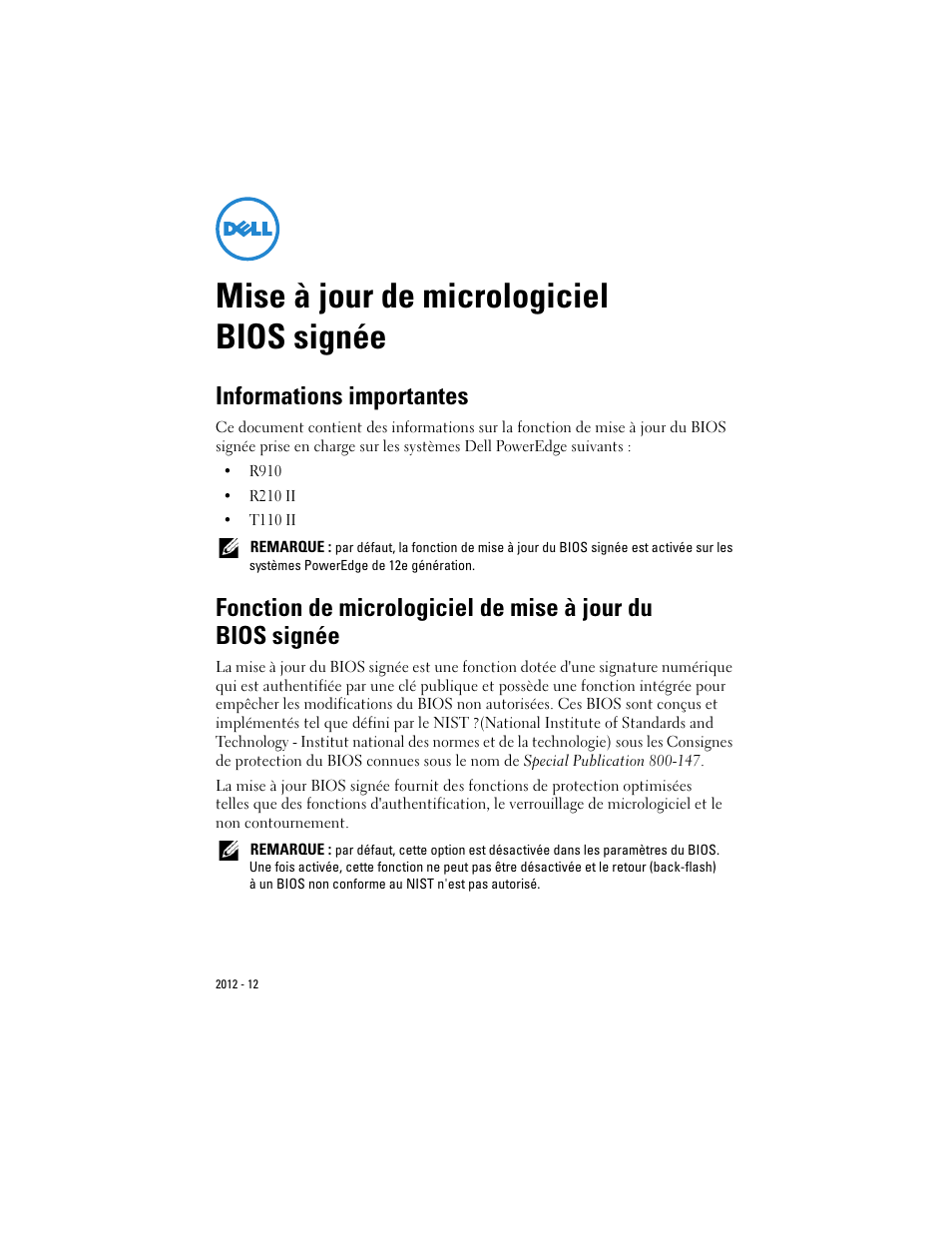 Mise à jour de micrologiciel bios signée, Informations importantes | Dell PowerEdge R910 User Manual | Page 9 / 32