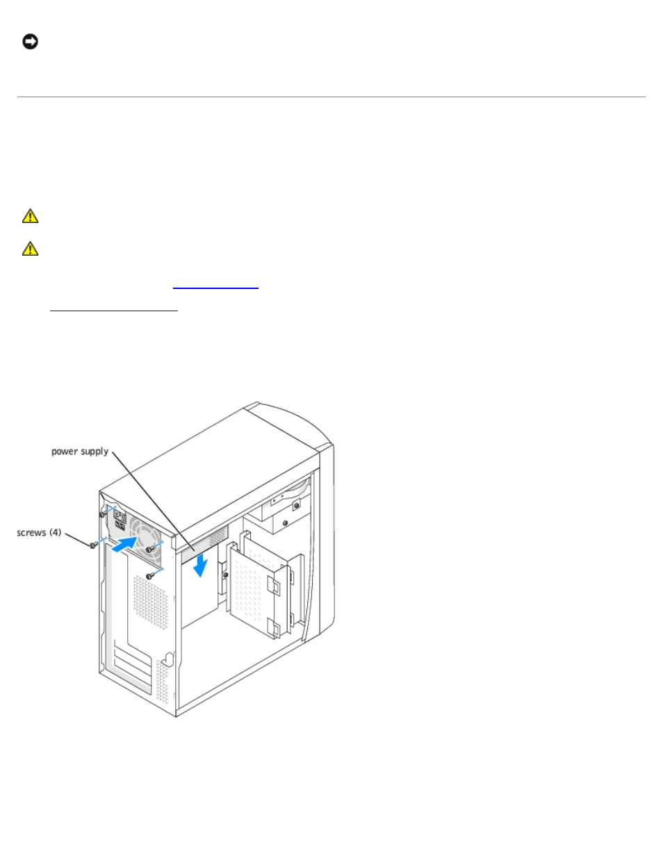 Power supply, Removing the power supply, Replacing the power supply | Dell Dimension 1100/B110 User Manual | Page 51 / 54
