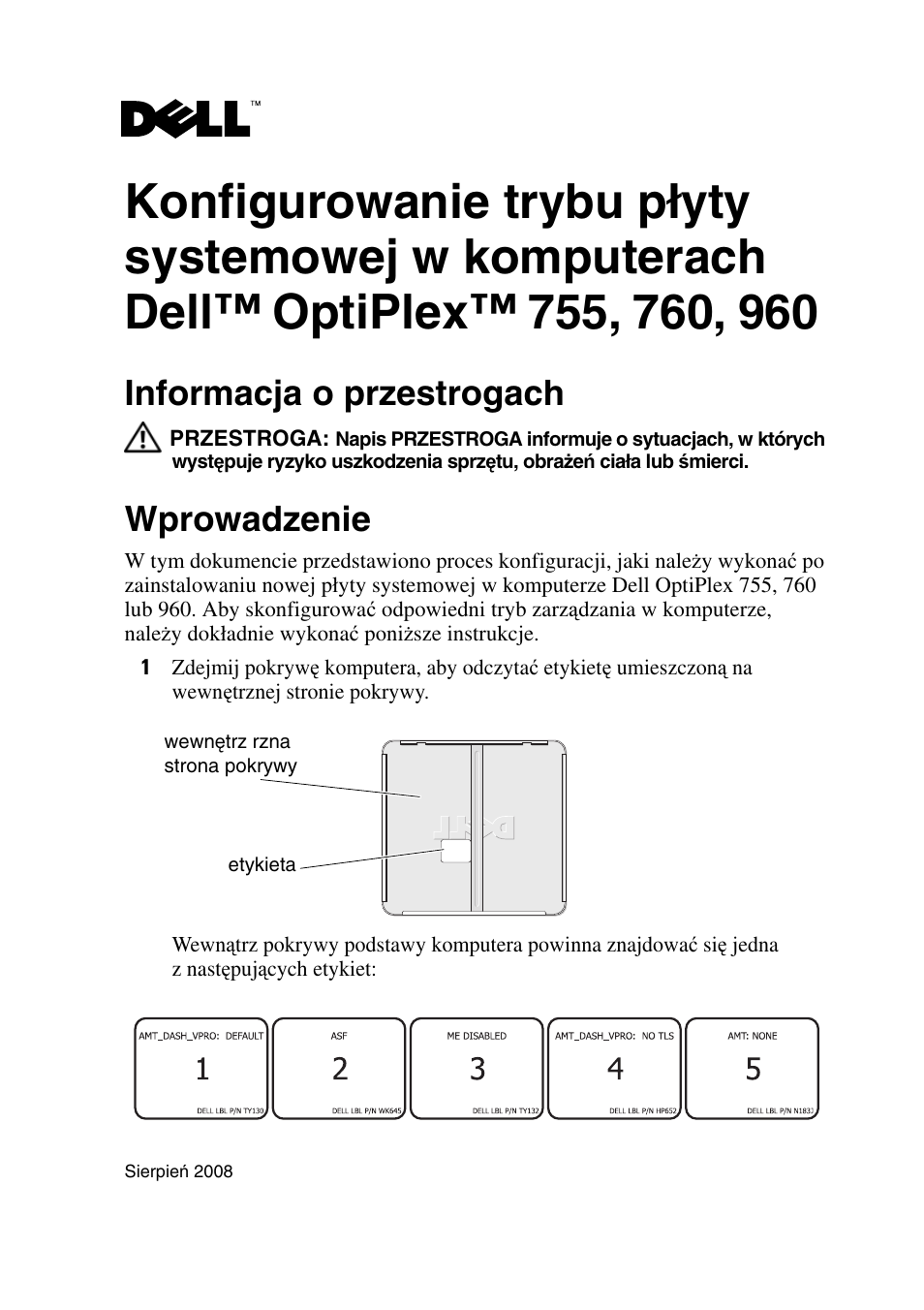 Informacja o przestrogach, Wprowadzenie | Dell OptiPlex 960 (Late 2008) User Manual | Page 9 / 16
