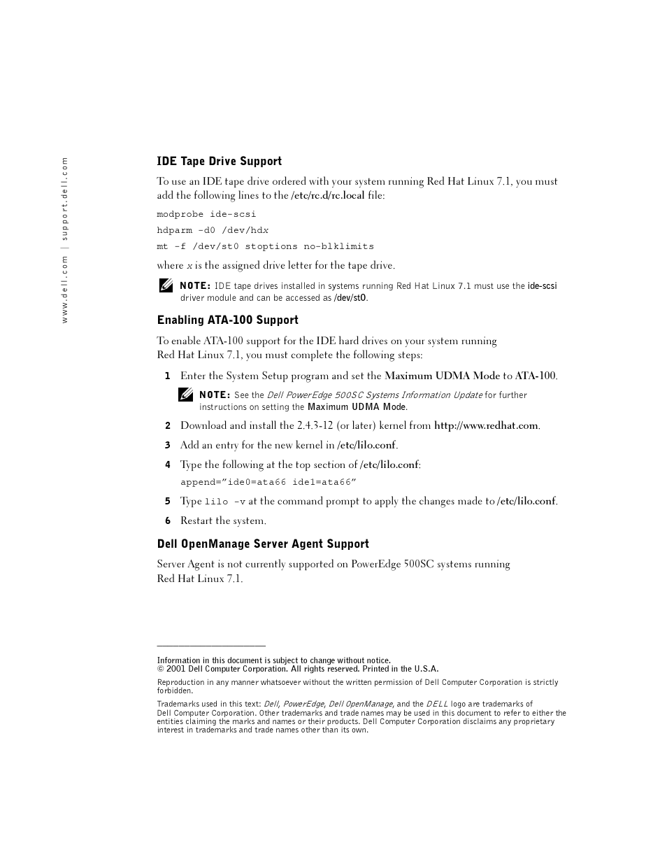 Ide tape drive support, Enabling ata-100 support, Dell openmanage server agent support | Dell PowerEdge 500SC User Manual | Page 2 / 8