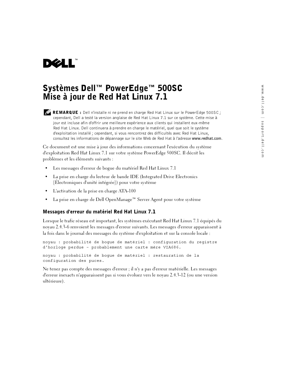 Messages d'erreur du matériel red hat linux 7.1 | Dell PowerEdge 500SC User Manual | Page 3 / 8