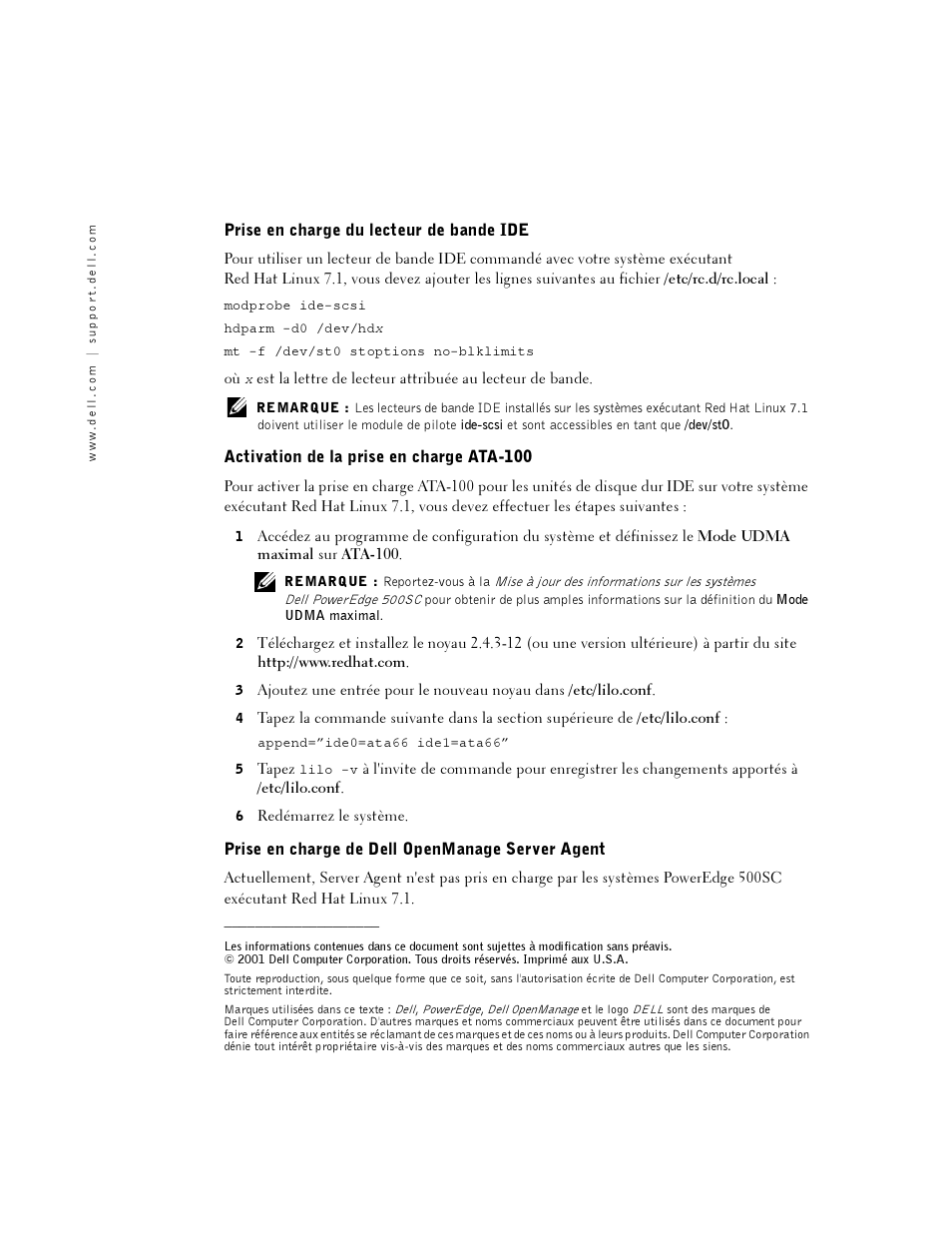 Prise en charge du lecteur de bande ide, Activation de la prise en charge ata-100, Prise en charge de dell openmanage server agent | Dell PowerEdge 500SC User Manual | Page 4 / 8