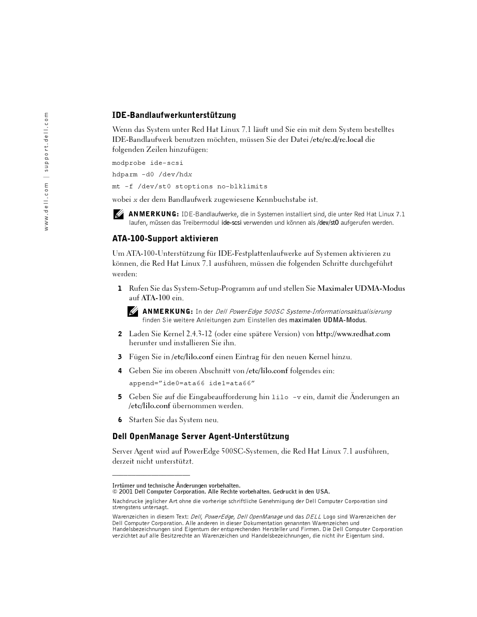 Ide-bandlaufwerkunterstützung, Ata-100-support aktivieren, Dell openmanage server agent-unterstützung | Dell PowerEdge 500SC User Manual | Page 6 / 8