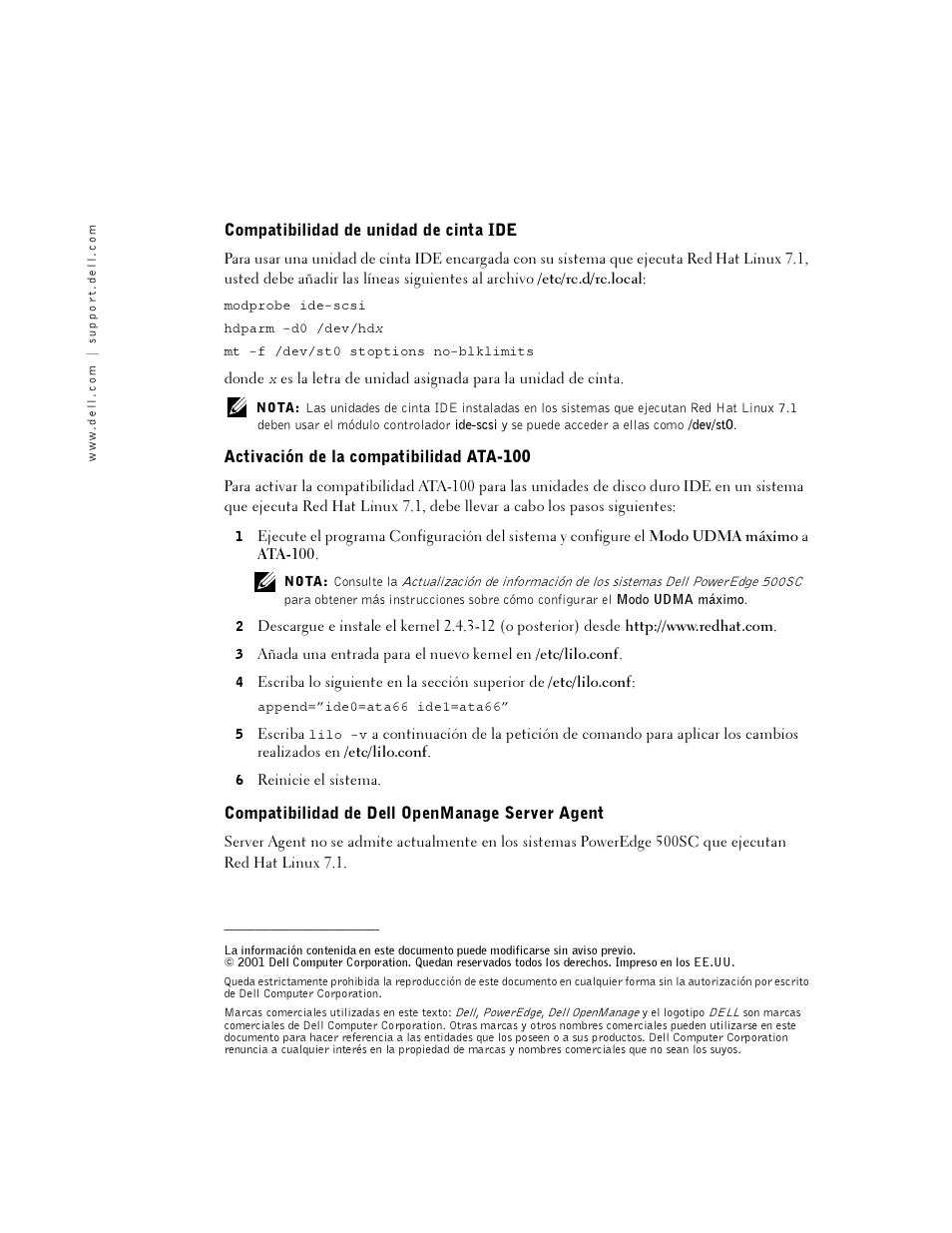 Compatibilidad de unidad de cinta ide, Activación de la compatibilidad ata-100, Compatibilidad de dell openmanage server agent | Dell PowerEdge 500SC User Manual | Page 8 / 8