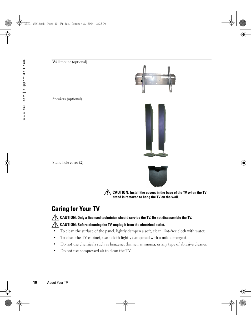 Caring for your tv | Dell LCD TV W4200 User Manual | Page 10 / 148