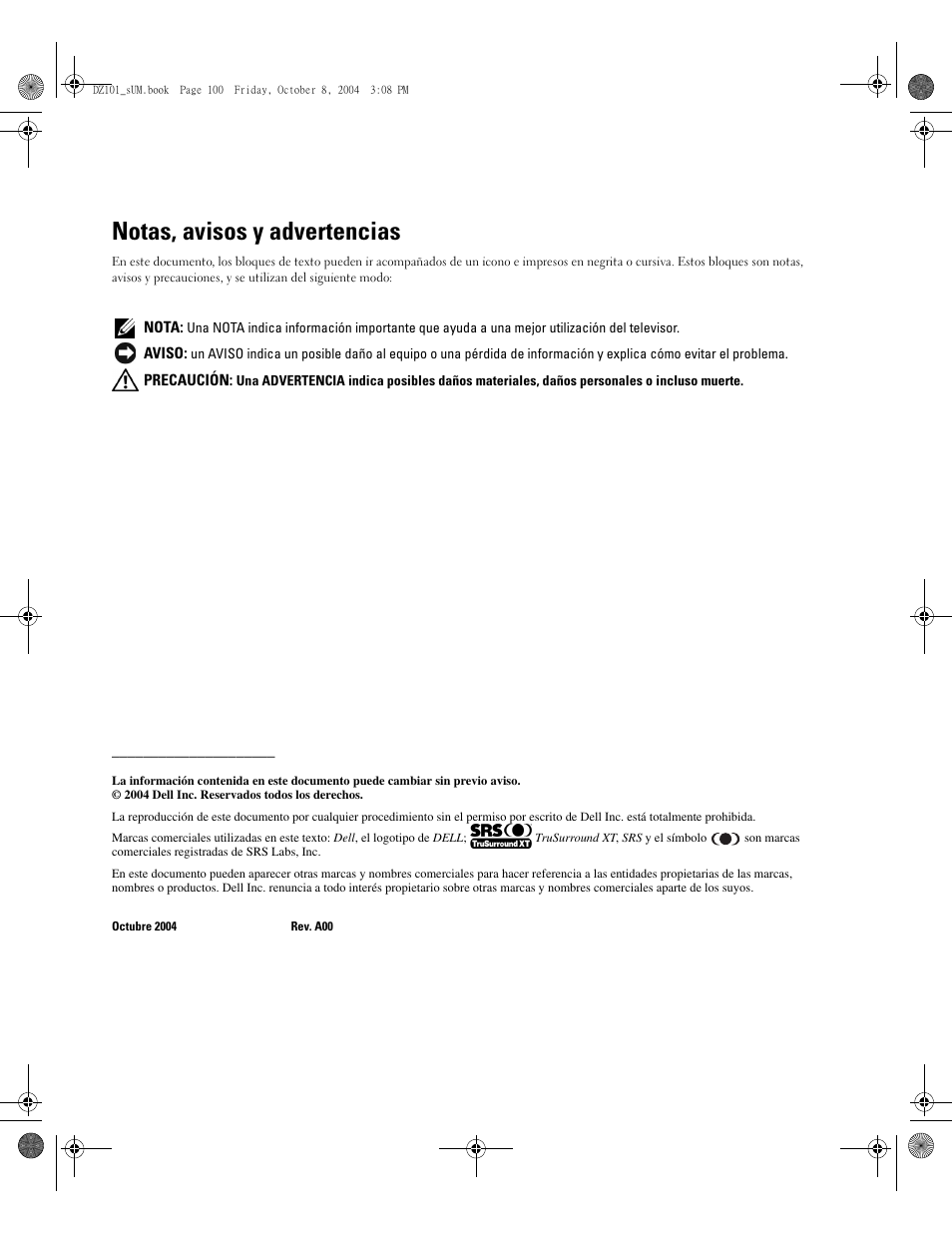 Notas, avisos y advertencias | Dell LCD TV W4200 User Manual | Page 100 / 148