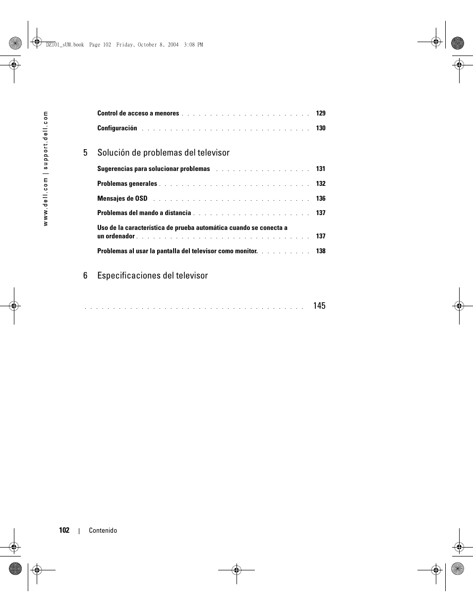 5solución de problemas del televisor, 6especificaciones del televisor | Dell LCD TV W4200 User Manual | Page 102 / 148