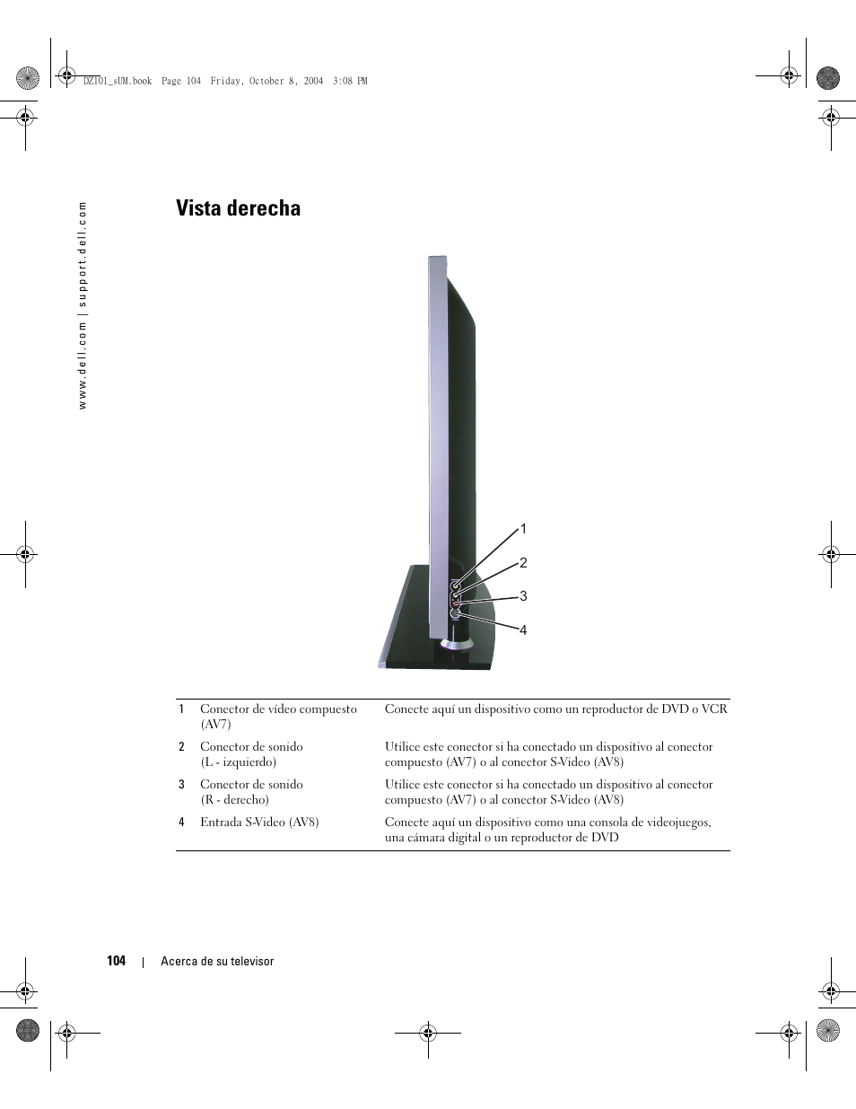 Vista inferior, Vista derecha | Dell LCD TV W4200 User Manual | Page 104 / 148