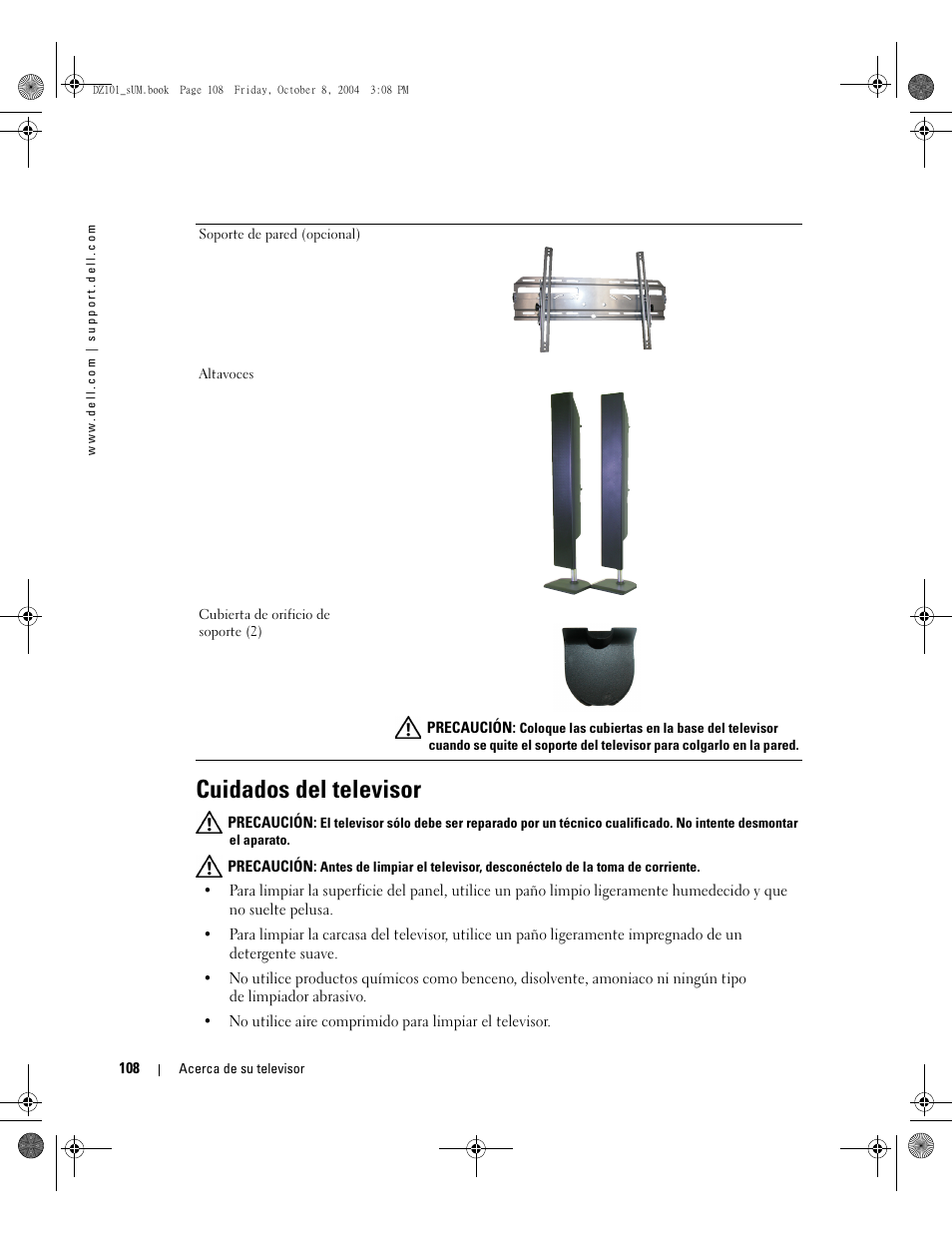 Cuidados del televisor | Dell LCD TV W4200 User Manual | Page 108 / 148