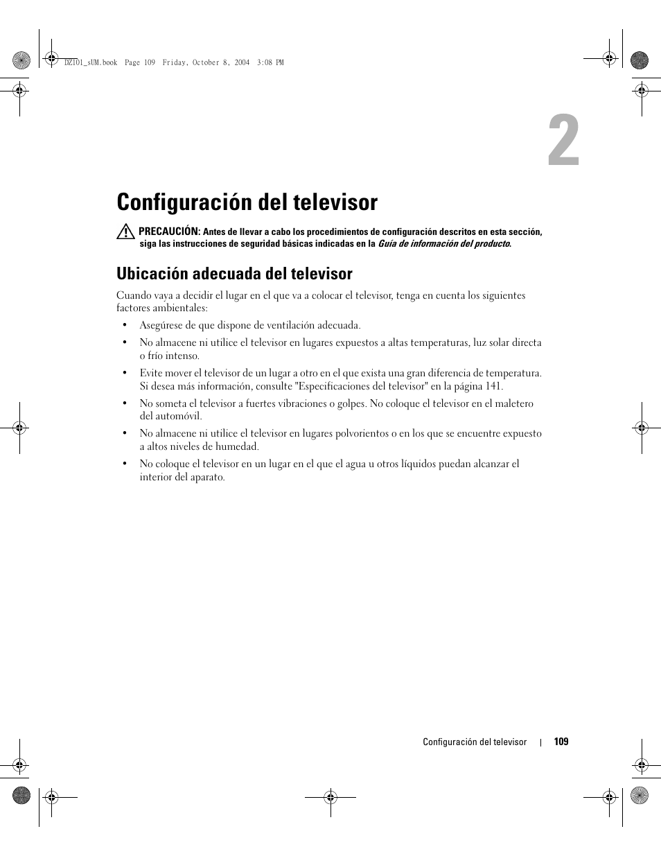 Configuración del televisor, Ubicación adecuada del televisor | Dell LCD TV W4200 User Manual | Page 109 / 148