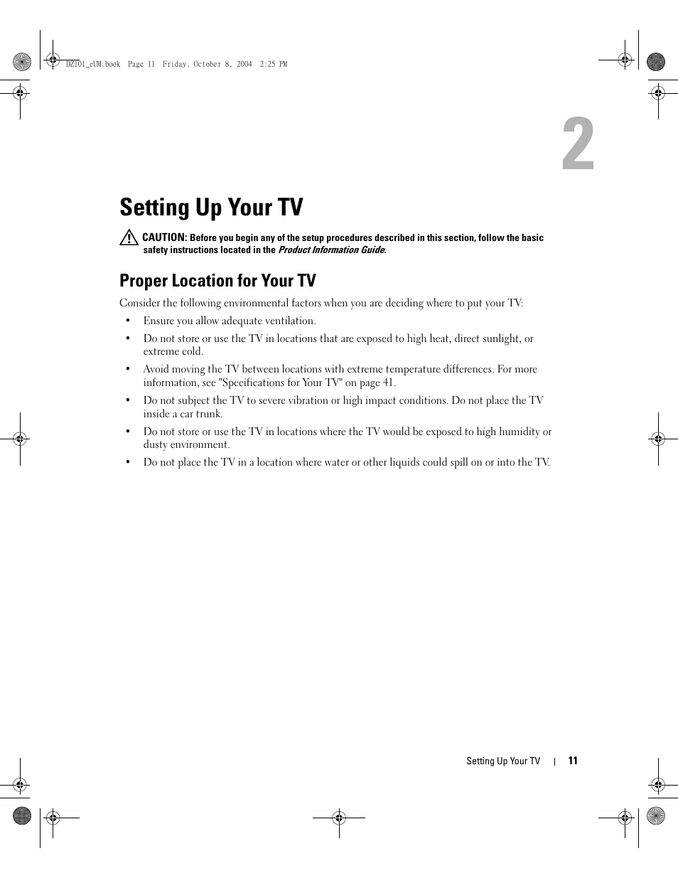 Setting up your tv, Proper location for your tv | Dell LCD TV W4200 User Manual | Page 11 / 148