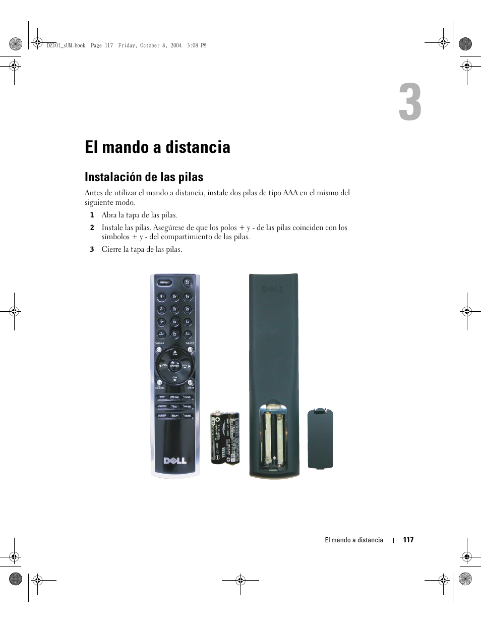 El mando a distancia, Instalación de las pilas | Dell LCD TV W4200 User Manual | Page 117 / 148