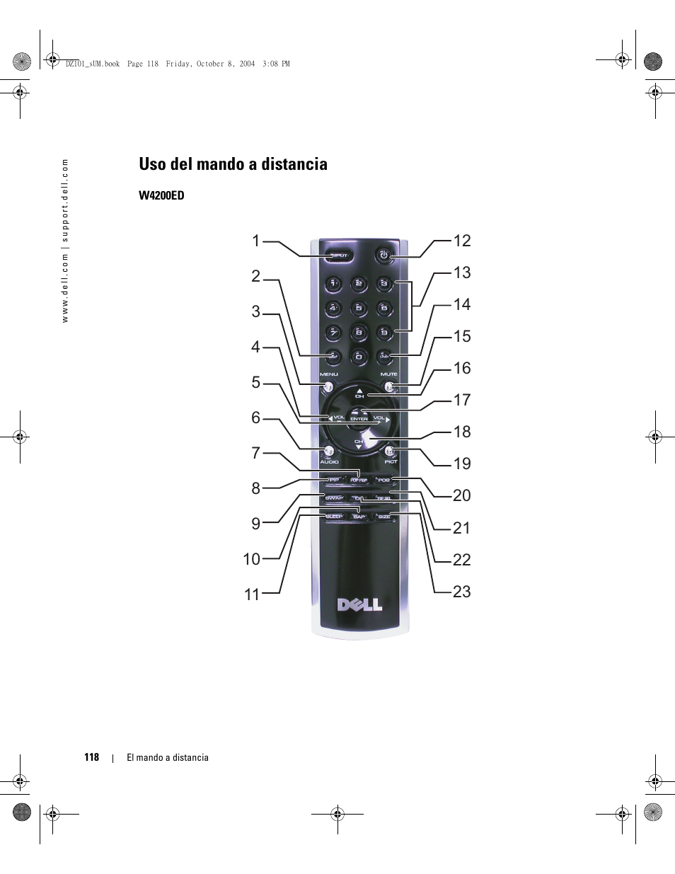 Uso del mando a distancia | Dell LCD TV W4200 User Manual | Page 118 / 148