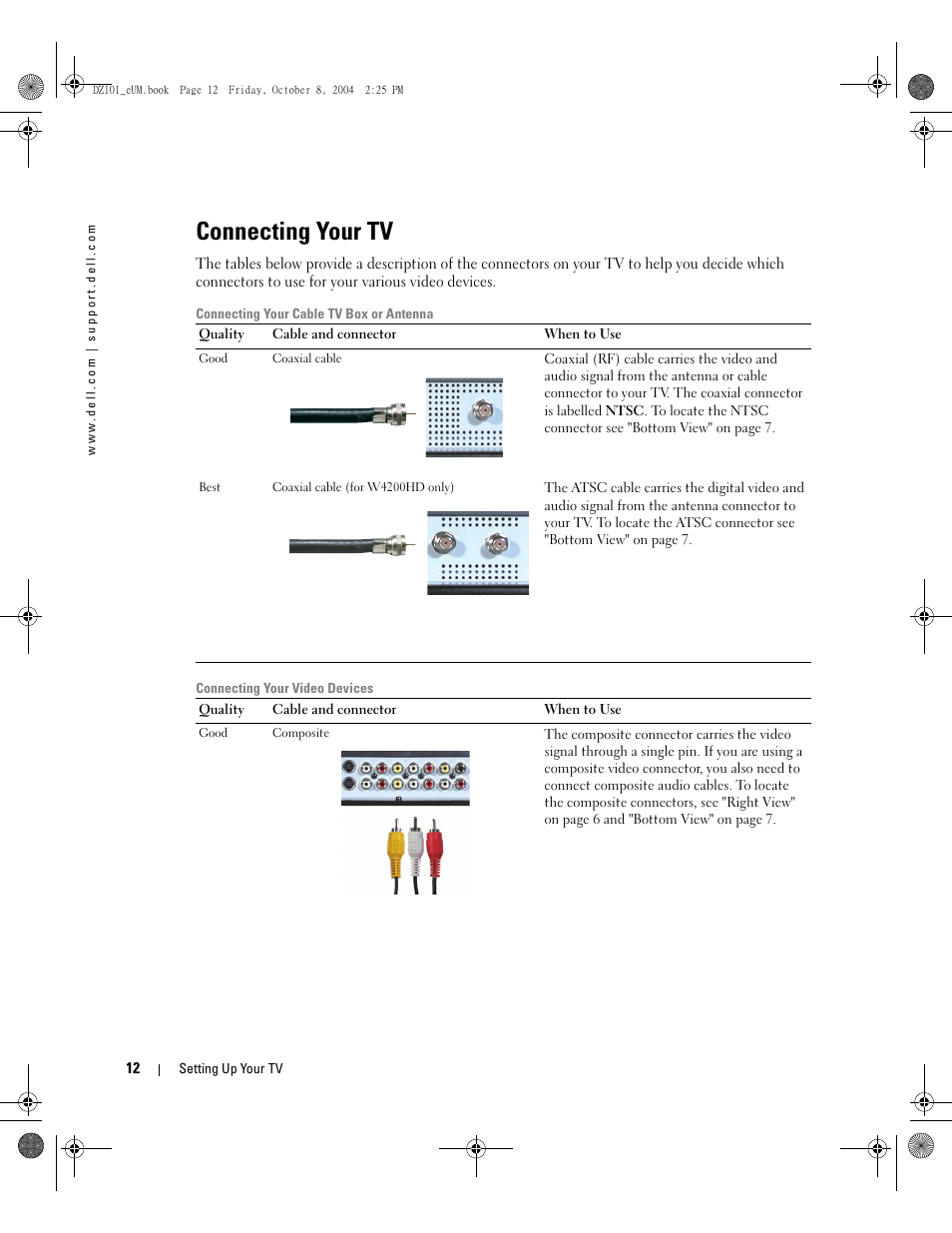 Connecting your tv | Dell LCD TV W4200 User Manual | Page 12 / 148