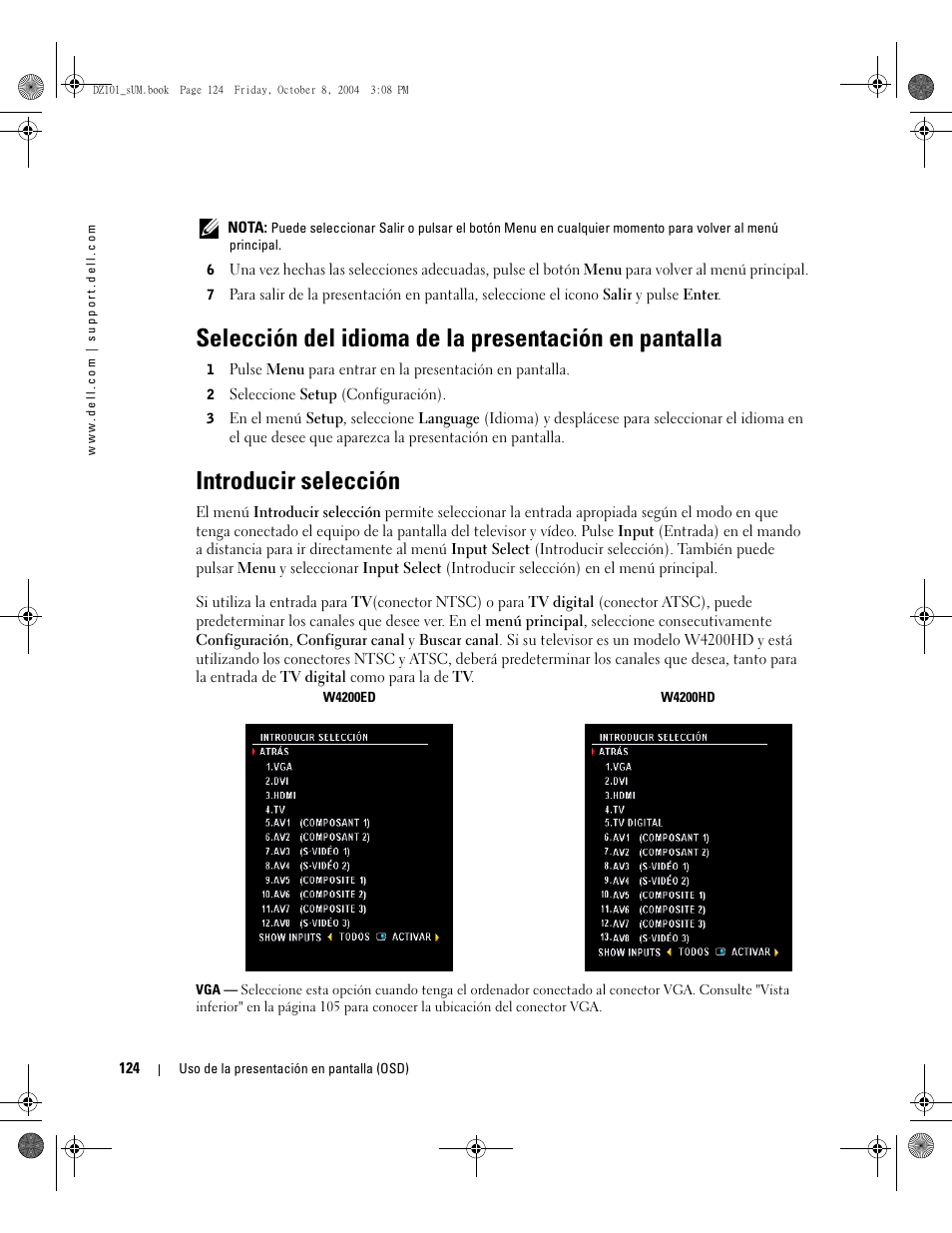 Introducir selección | Dell LCD TV W4200 User Manual | Page 124 / 148