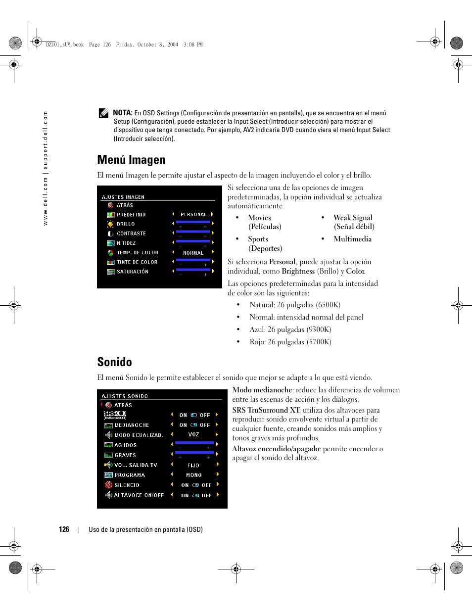 Menú imagen, Sonido | Dell LCD TV W4200 User Manual | Page 126 / 148