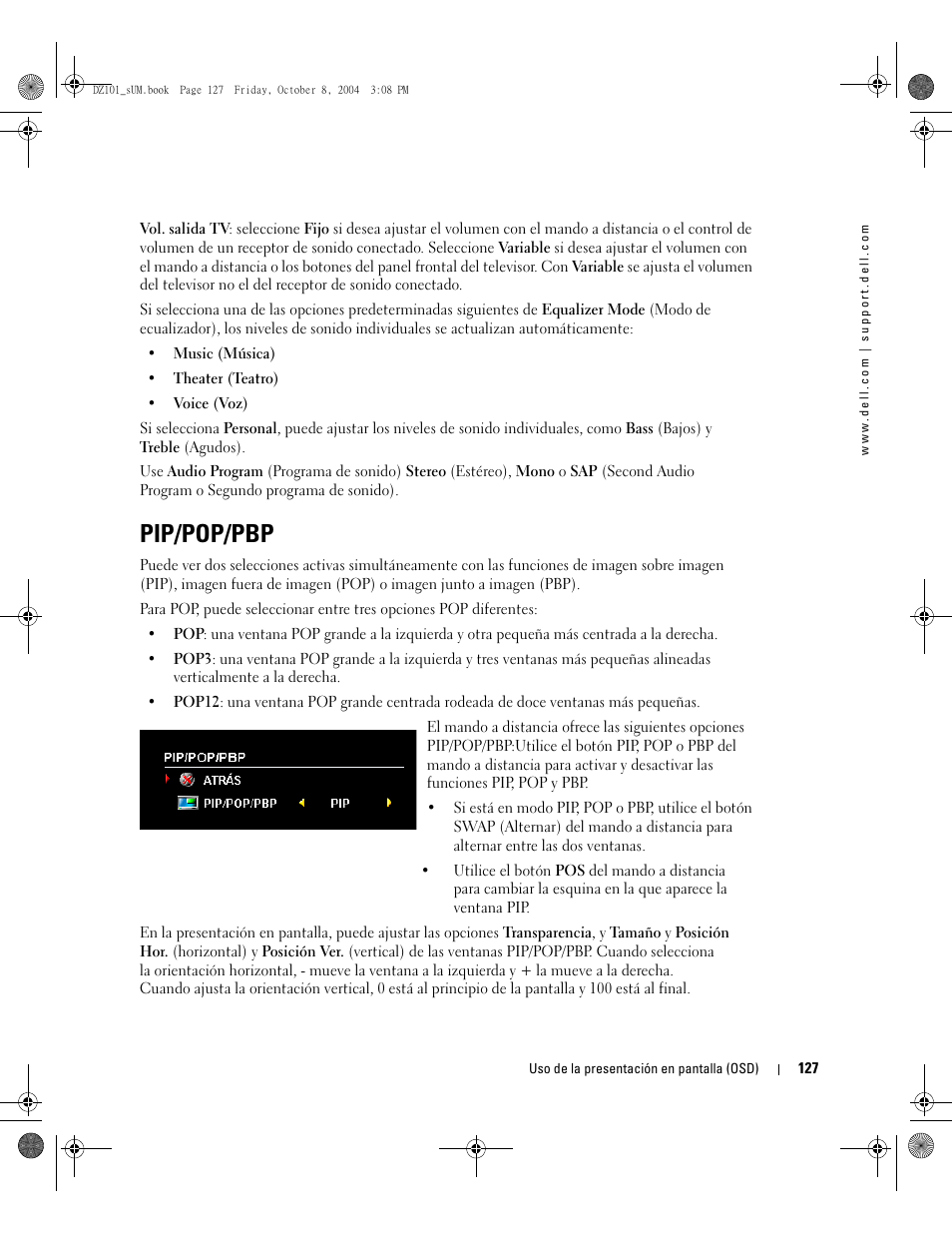 Pip/pop/pbp | Dell LCD TV W4200 User Manual | Page 127 / 148