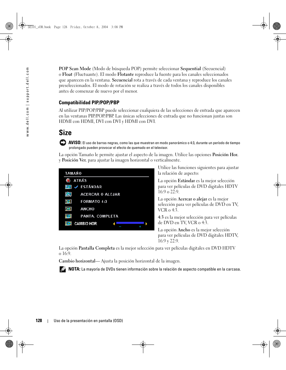 Size | Dell LCD TV W4200 User Manual | Page 128 / 148