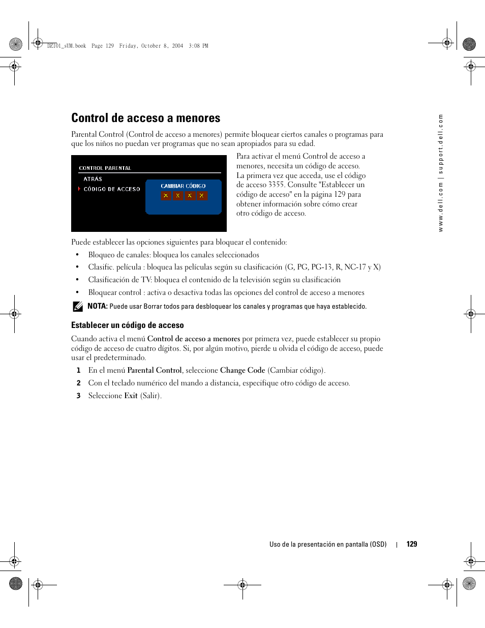 Control de acceso a menores | Dell LCD TV W4200 User Manual | Page 129 / 148
