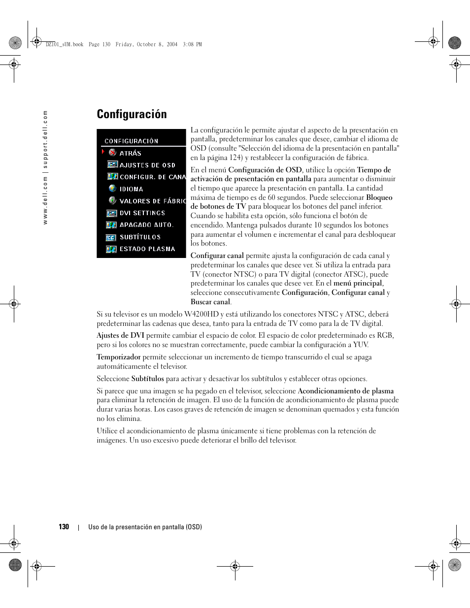 Configuración | Dell LCD TV W4200 User Manual | Page 130 / 148