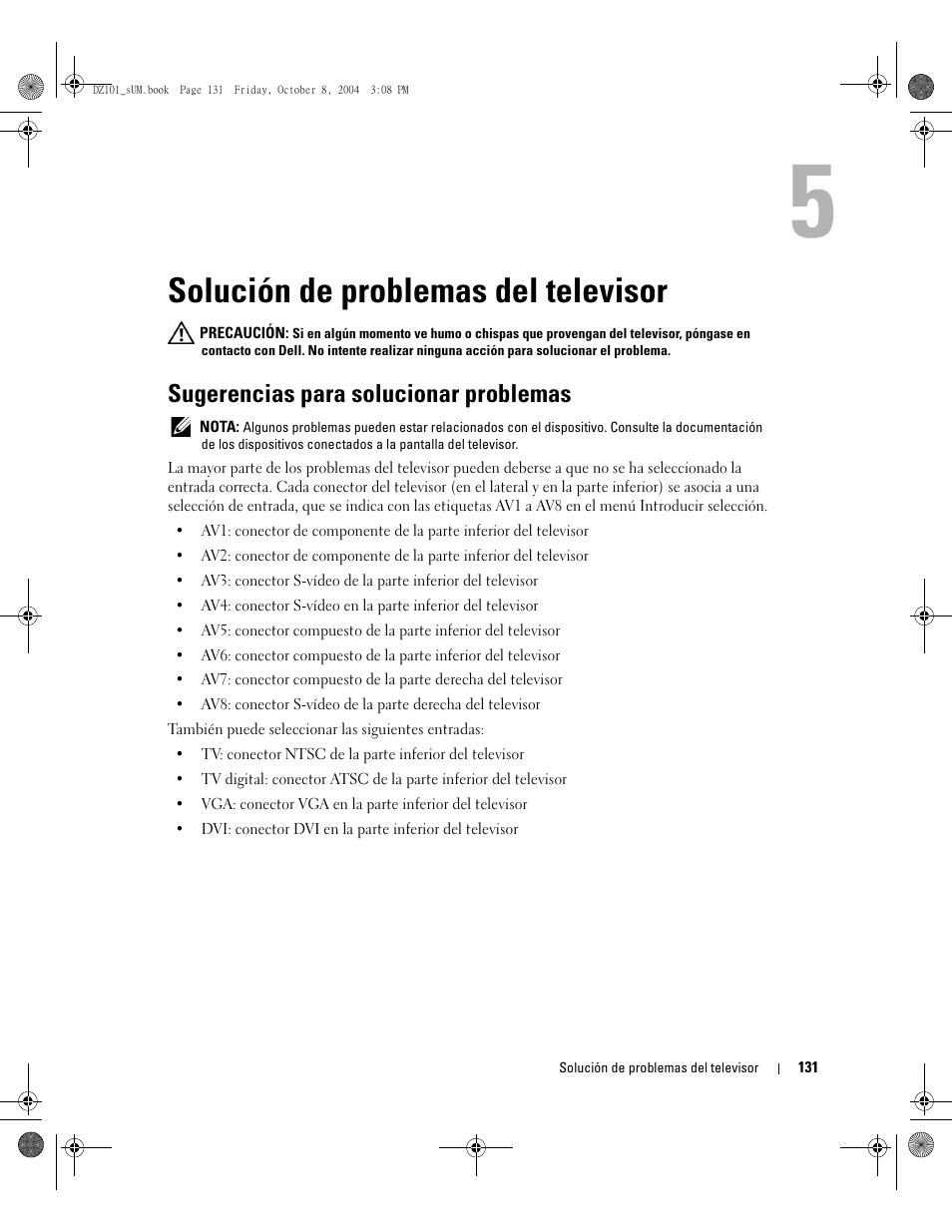 Solución de problemas del televisor, Sugerencias para solucionar problemas | Dell LCD TV W4200 User Manual | Page 131 / 148