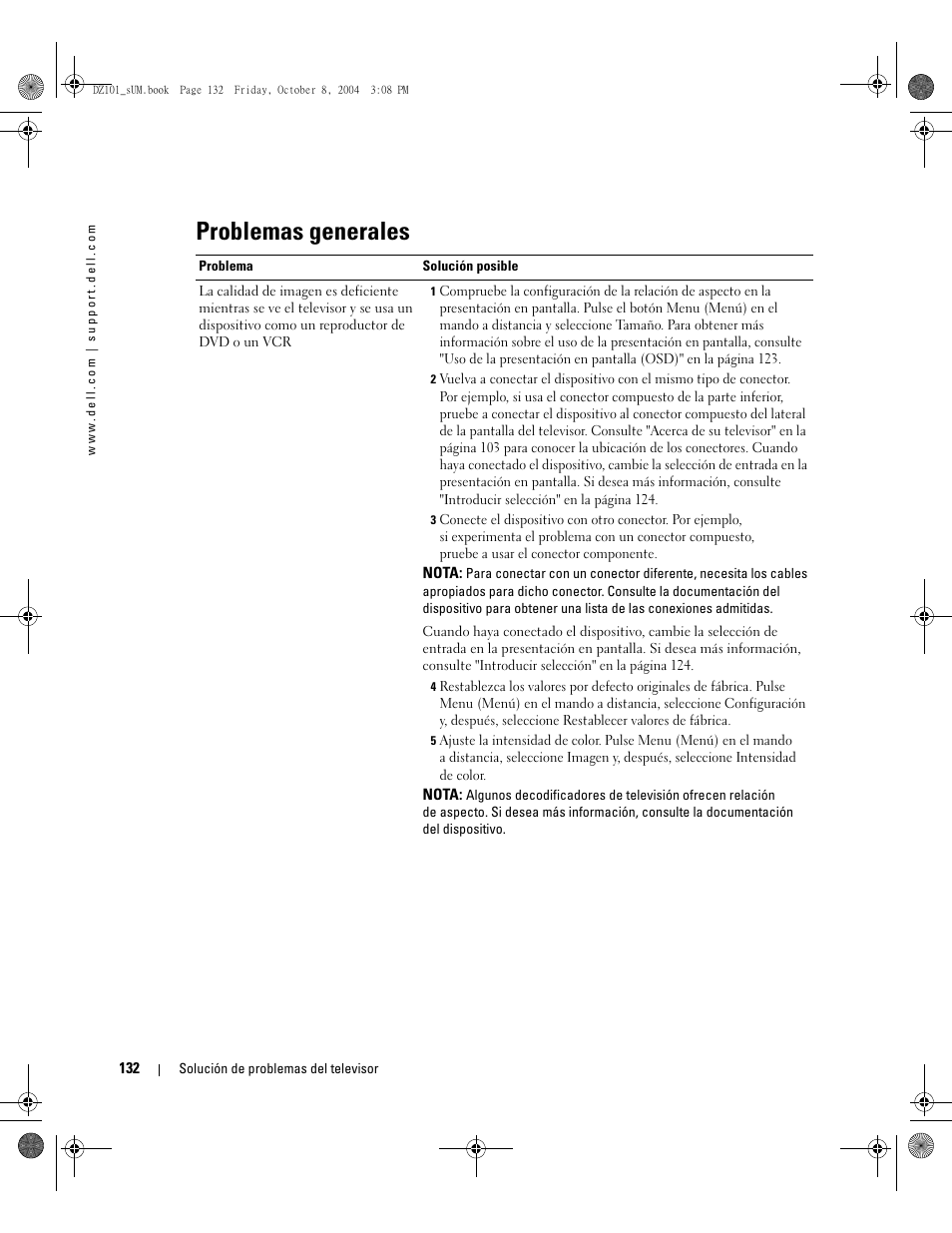 Problemas generales | Dell LCD TV W4200 User Manual | Page 132 / 148