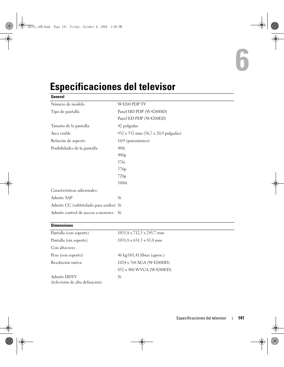 Especificaciones del televisor | Dell LCD TV W4200 User Manual | Page 141 / 148