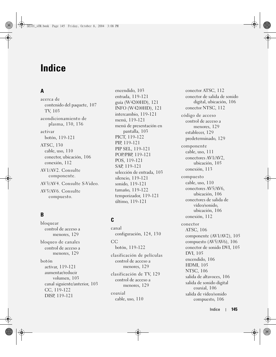 Indice | Dell LCD TV W4200 User Manual | Page 145 / 148