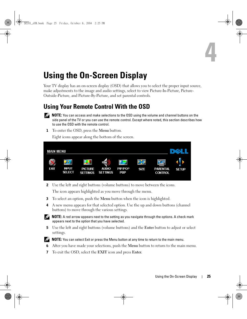 Using the on-screen display, Using your remote control with the osd | Dell LCD TV W4200 User Manual | Page 25 / 148