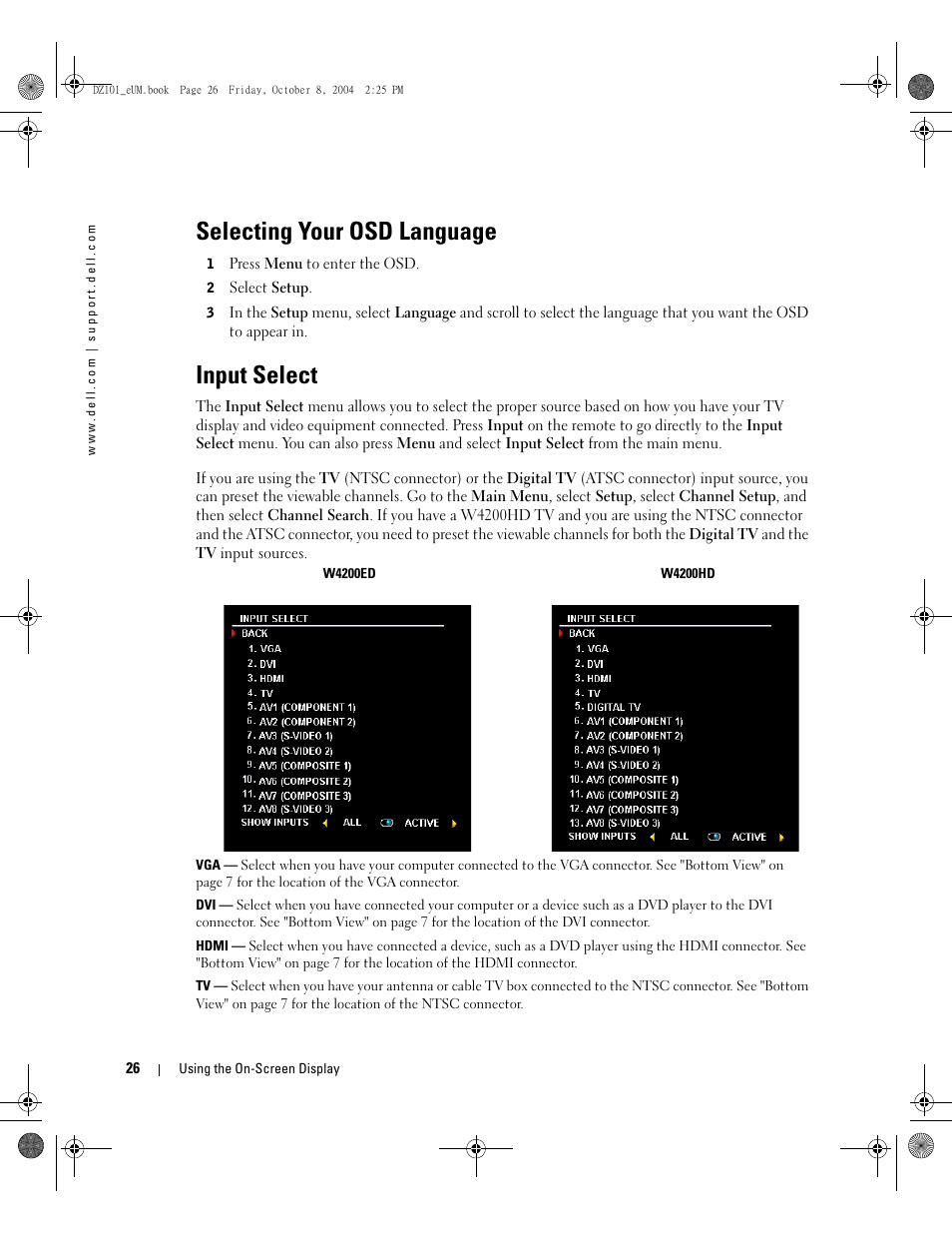 Selecting your osd language, Input select | Dell LCD TV W4200 User Manual | Page 26 / 148