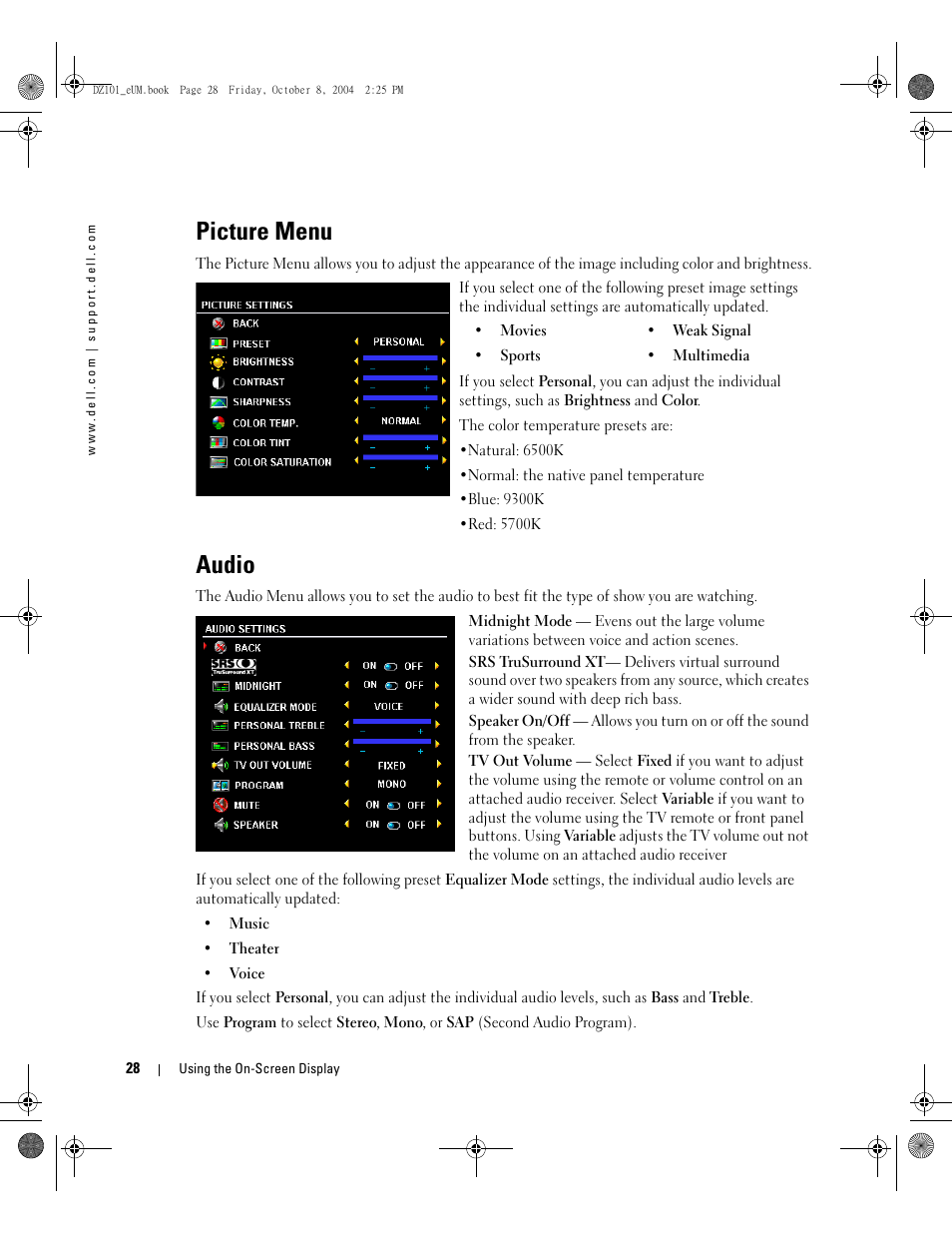 Picture menu, Audio | Dell LCD TV W4200 User Manual | Page 28 / 148