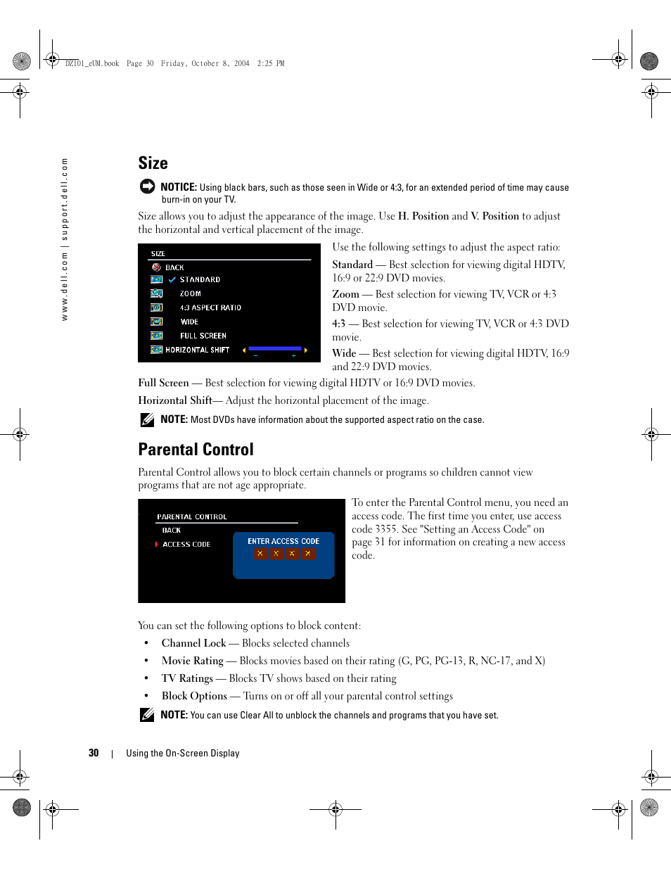 Size, Parental control | Dell LCD TV W4200 User Manual | Page 30 / 148