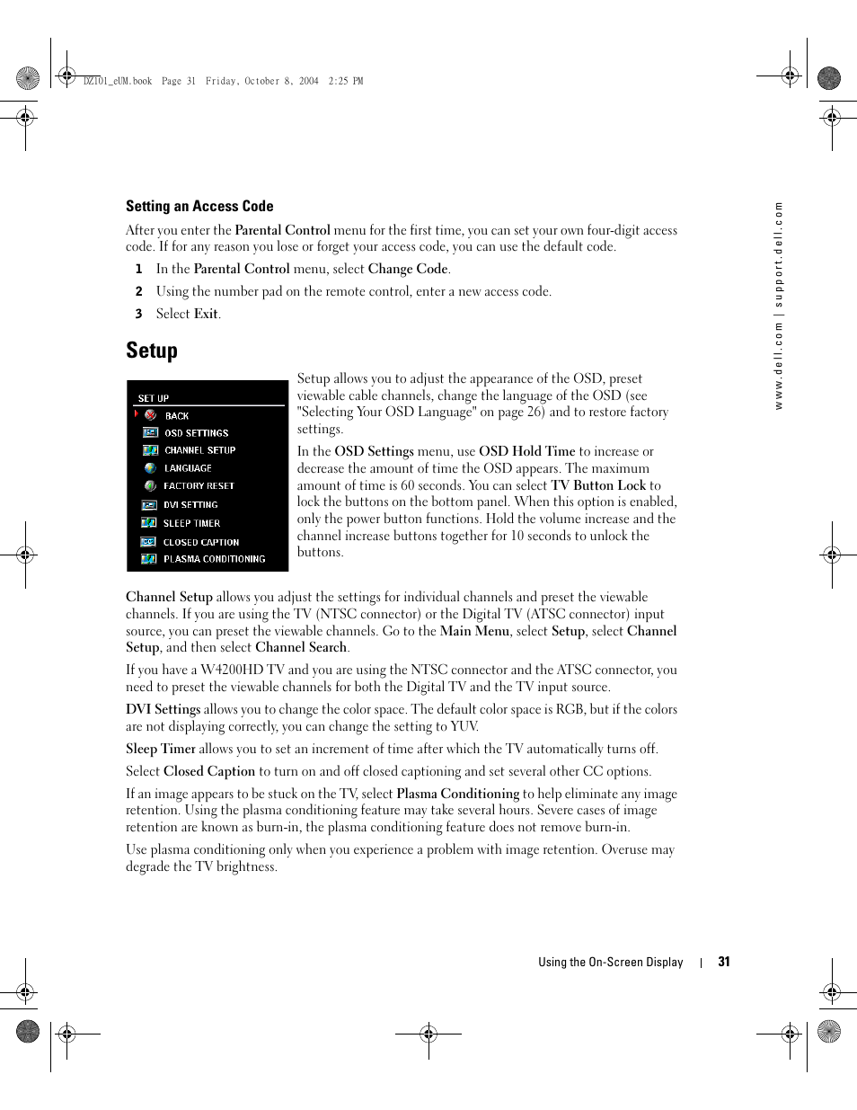 Setup | Dell LCD TV W4200 User Manual | Page 31 / 148