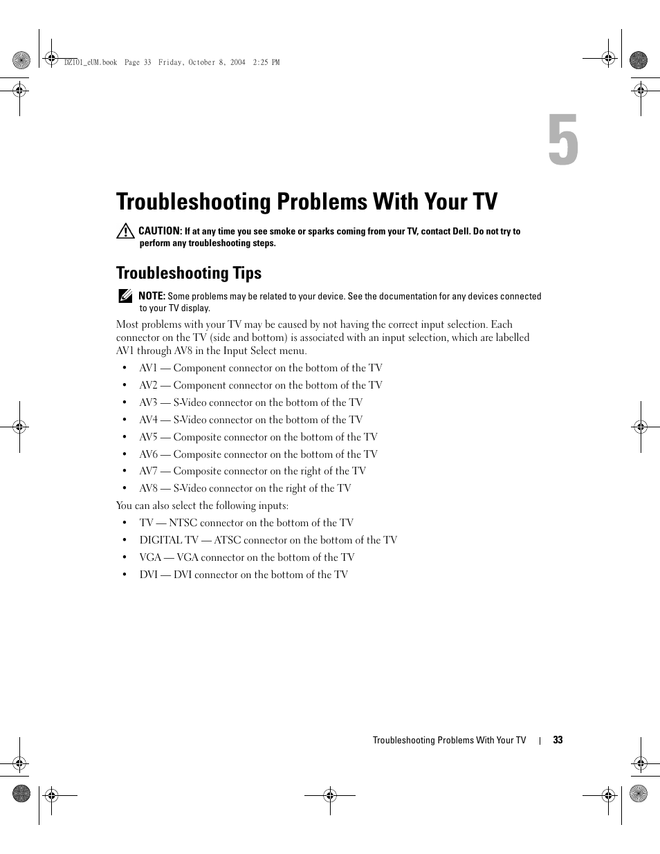 Troubleshooting problems with your tv, Troubleshooting tips, General problems | Dell LCD TV W4200 User Manual | Page 33 / 148