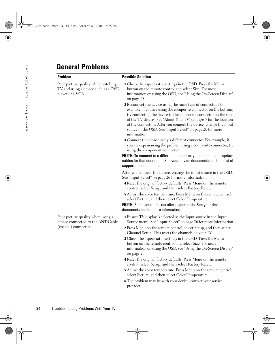 General problems | Dell LCD TV W4200 User Manual | Page 34 / 148