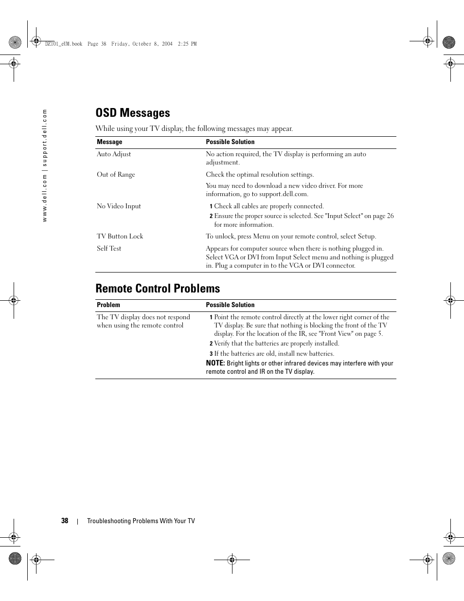 Osd messages, Remote control problems | Dell LCD TV W4200 User Manual | Page 38 / 148