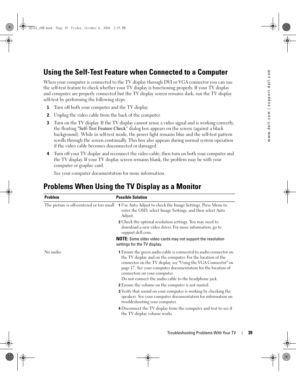 Problems when using the tv display as a monitor | Dell LCD TV W4200 User Manual | Page 39 / 148