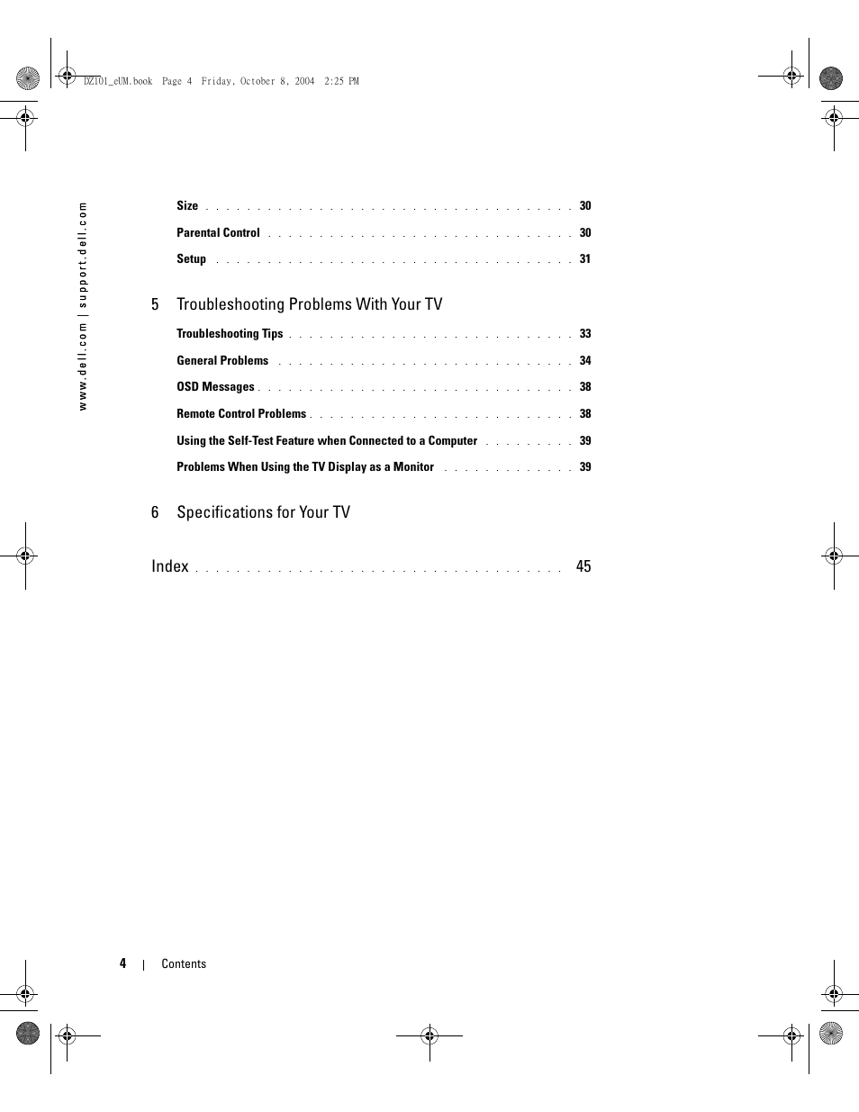 5troubleshooting problems with your tv, 6specifications for your tv index | Dell LCD TV W4200 User Manual | Page 4 / 148