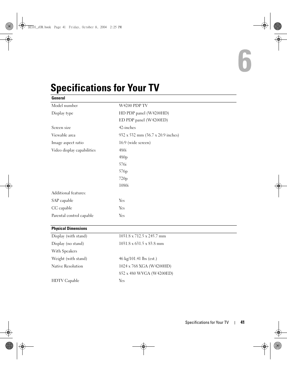 Specifications for your tv | Dell LCD TV W4200 User Manual | Page 41 / 148