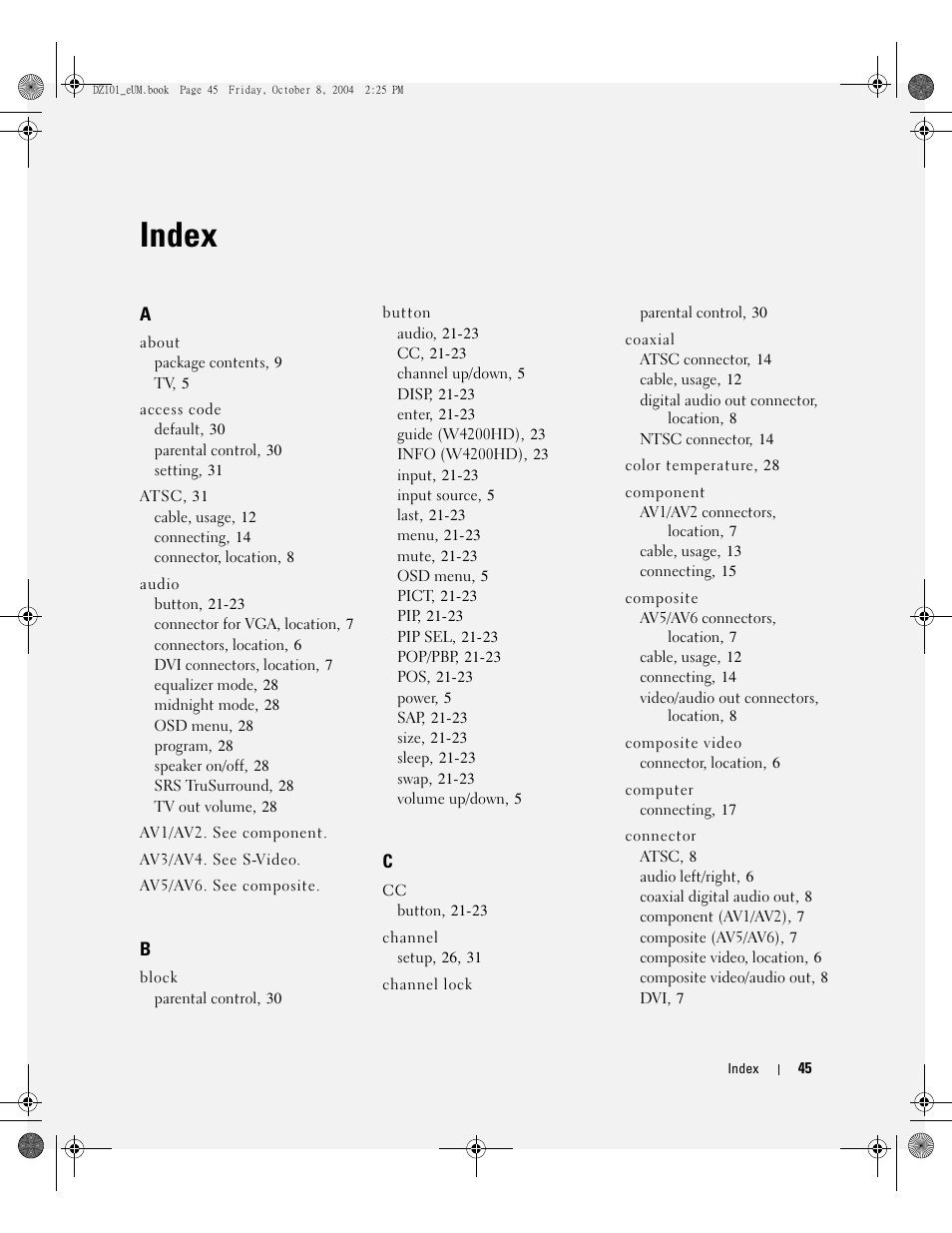 Index | Dell LCD TV W4200 User Manual | Page 45 / 148