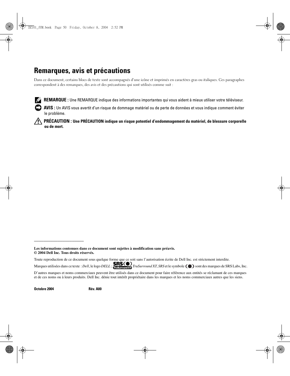 Sommaire, Remarques, avis et précautions | Dell LCD TV W4200 User Manual | Page 50 / 148